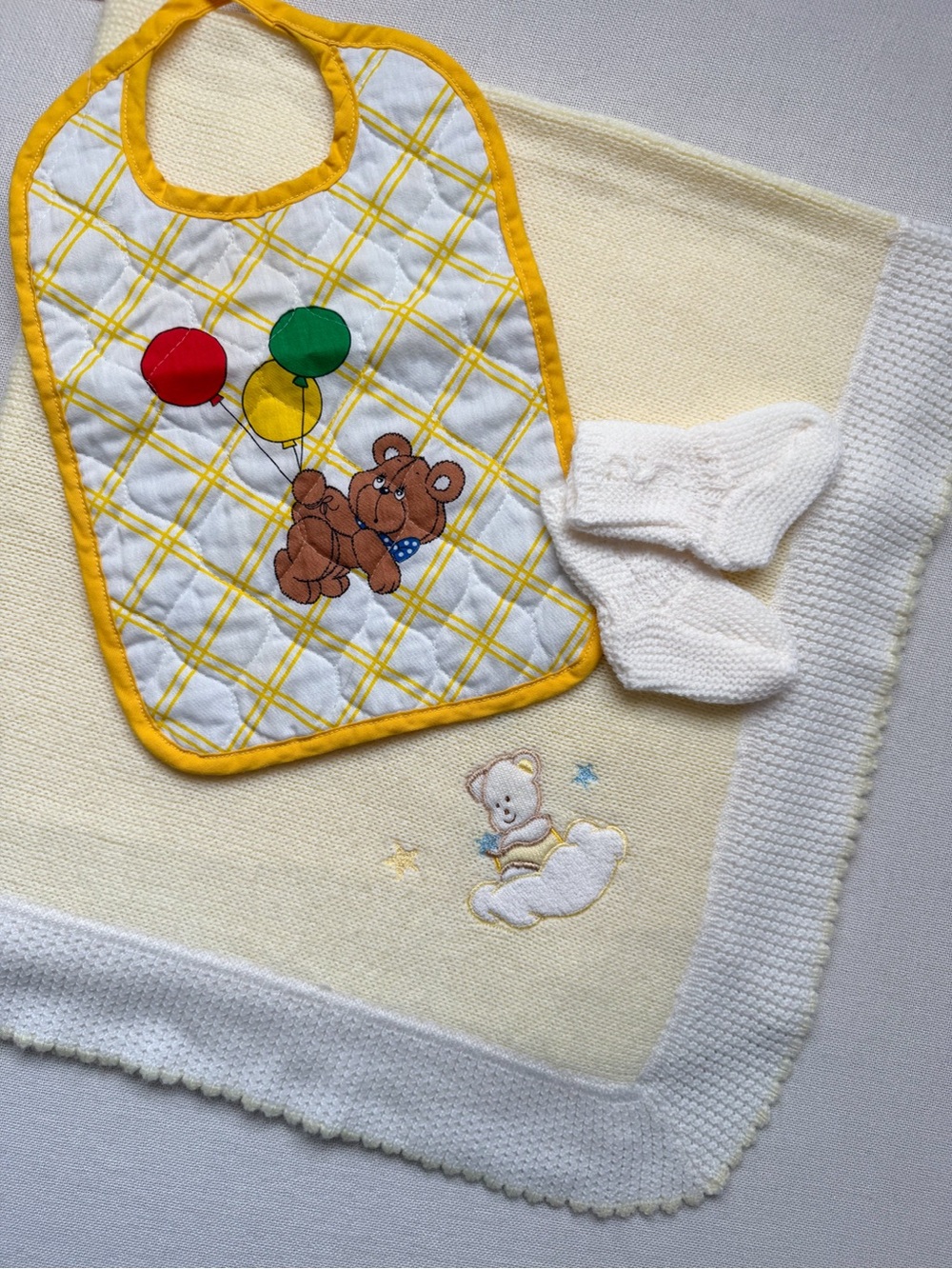 Vintage Newborn Baby Bundle Knit Blanket Booties Bib